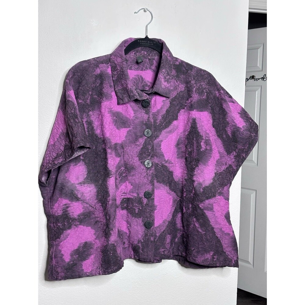 Dress To Kill Crinkle Art to Wear Black Purple Button Up Top Womens Sz OS